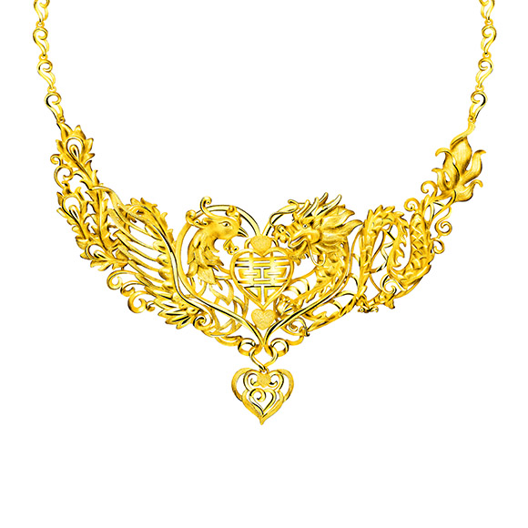 Beloved Collection“Dragon & Phoenix with Double Happiness”Gold Necklace