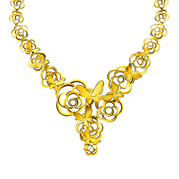 Beloved Collection “Butterflies Dancing in Flowers” Gold Necklace