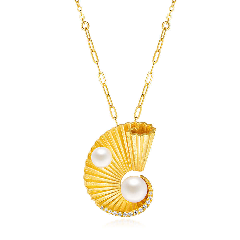 "Lingering Time " Diamond Gold Pearl Necklace 