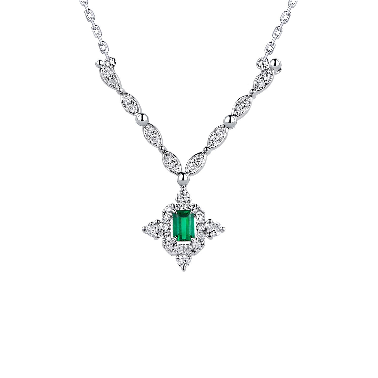 “Glittering Treasure”18K Gold Emerald and Diamond Necklace 